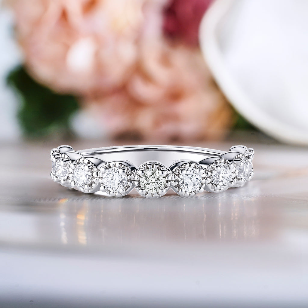 JeenMata Lab Grown Diamond Round Prong Set Vintage Wedding Band in 18K White Gold Plated for Women