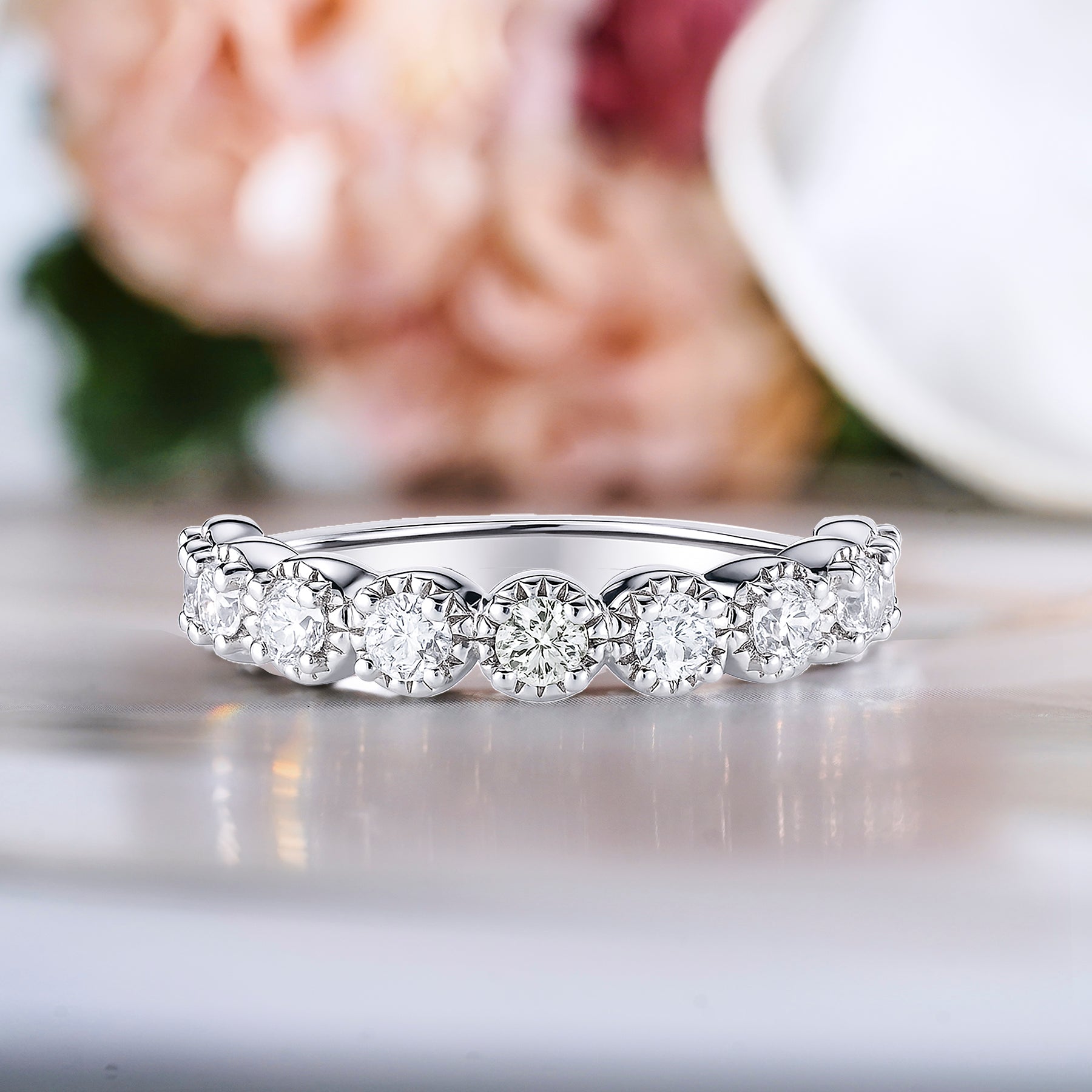 JeenMata Lab Grown Diamond Round Prong Set Vintage Wedding Band in 18K White Gold Plated for Women