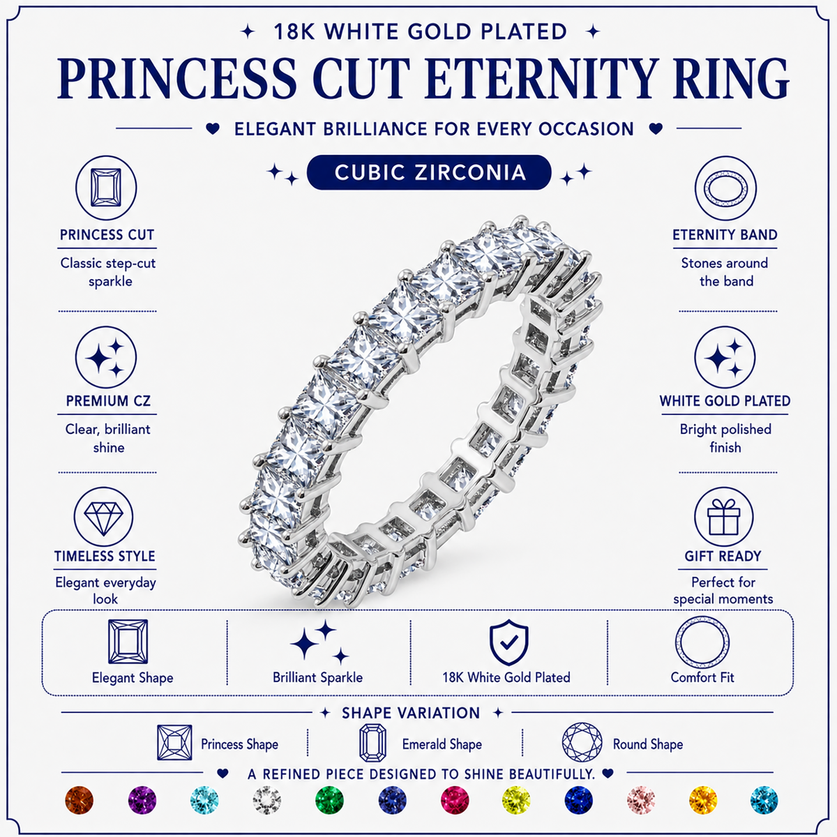 JeenMata 12 Carat Princess Cut January Birthstone - Multicolor Eternity Wedding Band - Garnet & Cubic Zirconia Rings in 18K White Gold Plating for Women