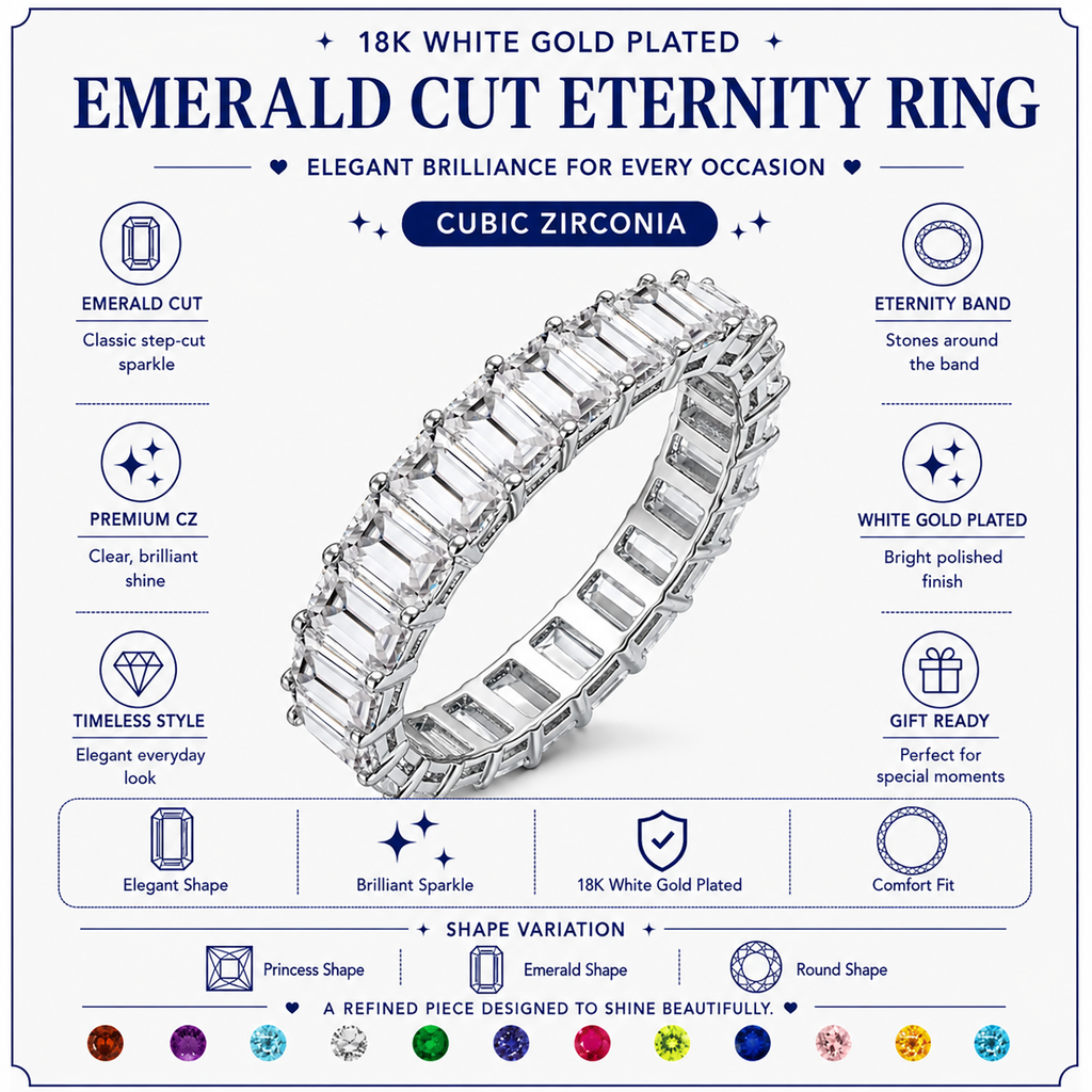 JeenMata 10 Carat Emerald Cut September Birthstone - Multicolor Eternity Wedding Band - Royal Blue Sapphire & Cubic Zirconia Rings in 18K White Gold Plating for Women