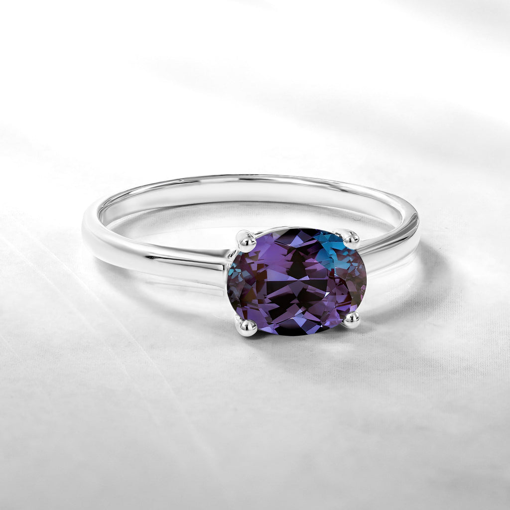 1.25 Carat Oval Cut Alexandrite SWAROVSKI - June Birthstone Solitaire Engagement Ring in 18k White Gold Over Silver