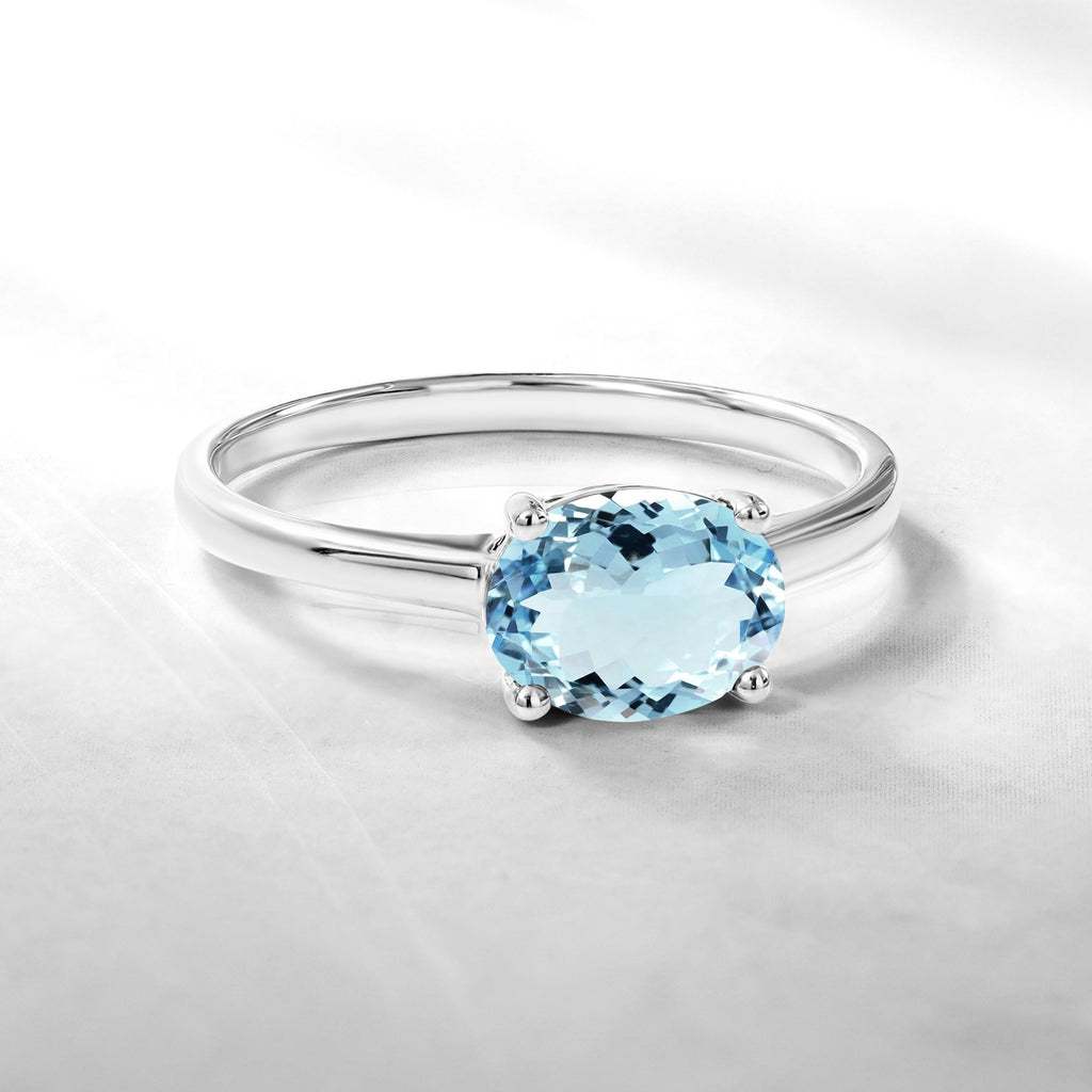 1.25 Carat Oval Cut Aquamarine SWAROVSKI - March Birthstone Solitaire Engagement Ring in 18k White Gold Over Silver
