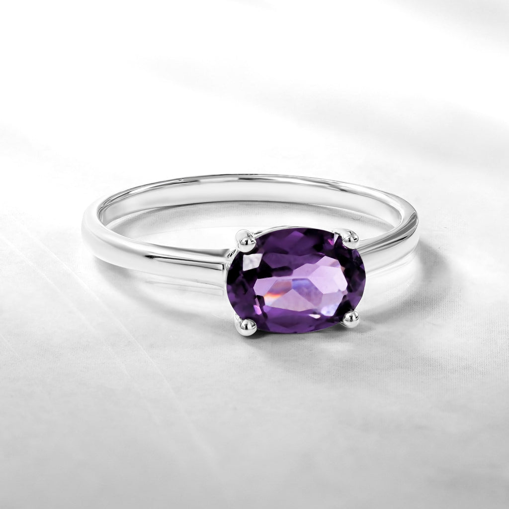1.25 Carat Oval Cut Amethyst SWAROVSKI - February Birthstone Solitaire Engagement Ring in 18k White Gold Over Silver