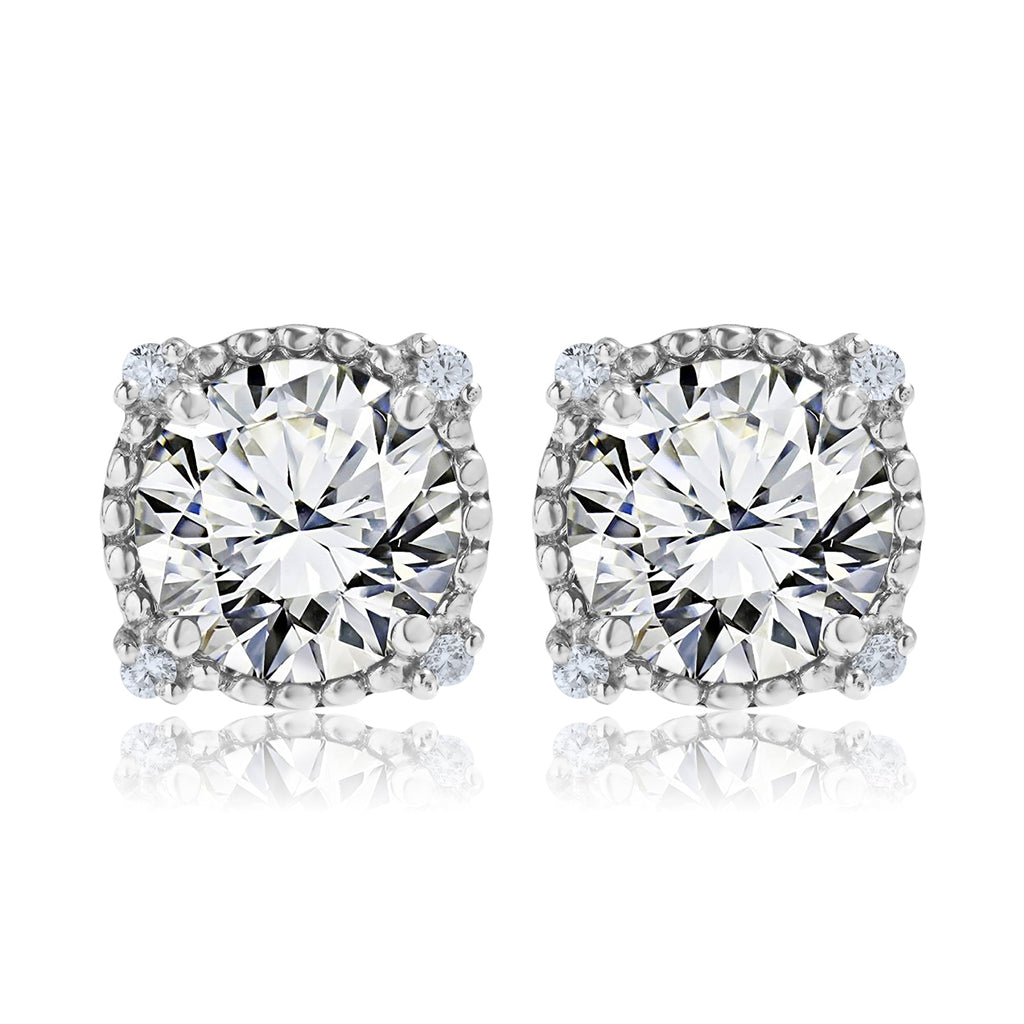 JeenMata 3.5 Carat Round Cut April Birthstone Stud Earrings - Halo Milgrain Earrings in 18K White Gold Plating for Women
