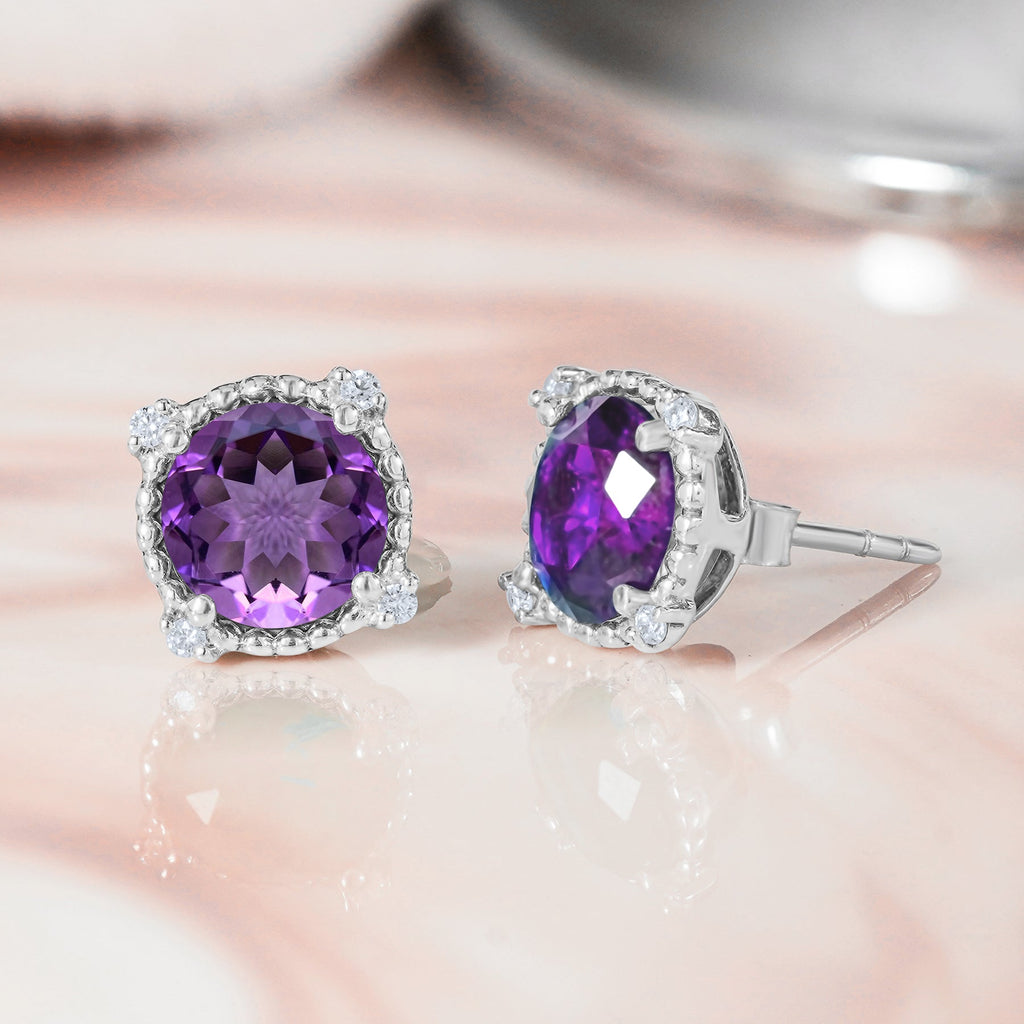 JeenMata 3.5 Carat Round Cut February Birthstone Stud Earrings - Halo Milgrain Earrings in 18K White Gold Plating for Women