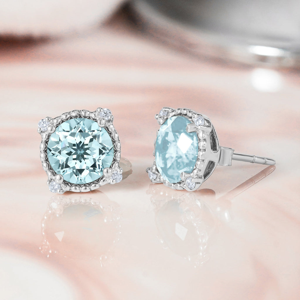 JeenMata 3.5 Carat Round Cut March Birthstone Stud Earrings - Halo Milgrain Earrings in 18K White Gold Plating for Women