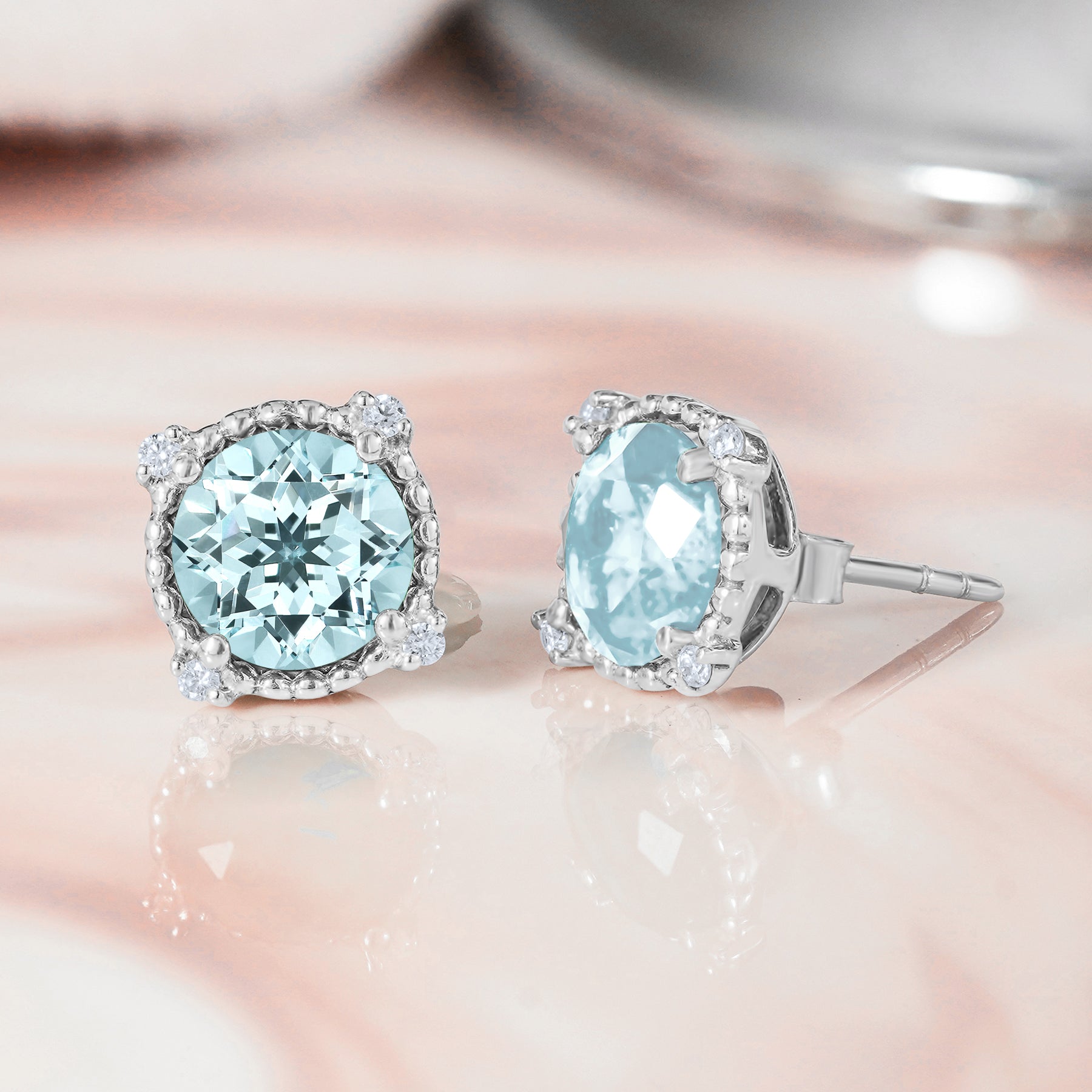 JeenMata 3.5 Carat Round Cut March Birthstone Stud Earrings - Halo Milgrain Earrings in 18K White Gold Plating for Women