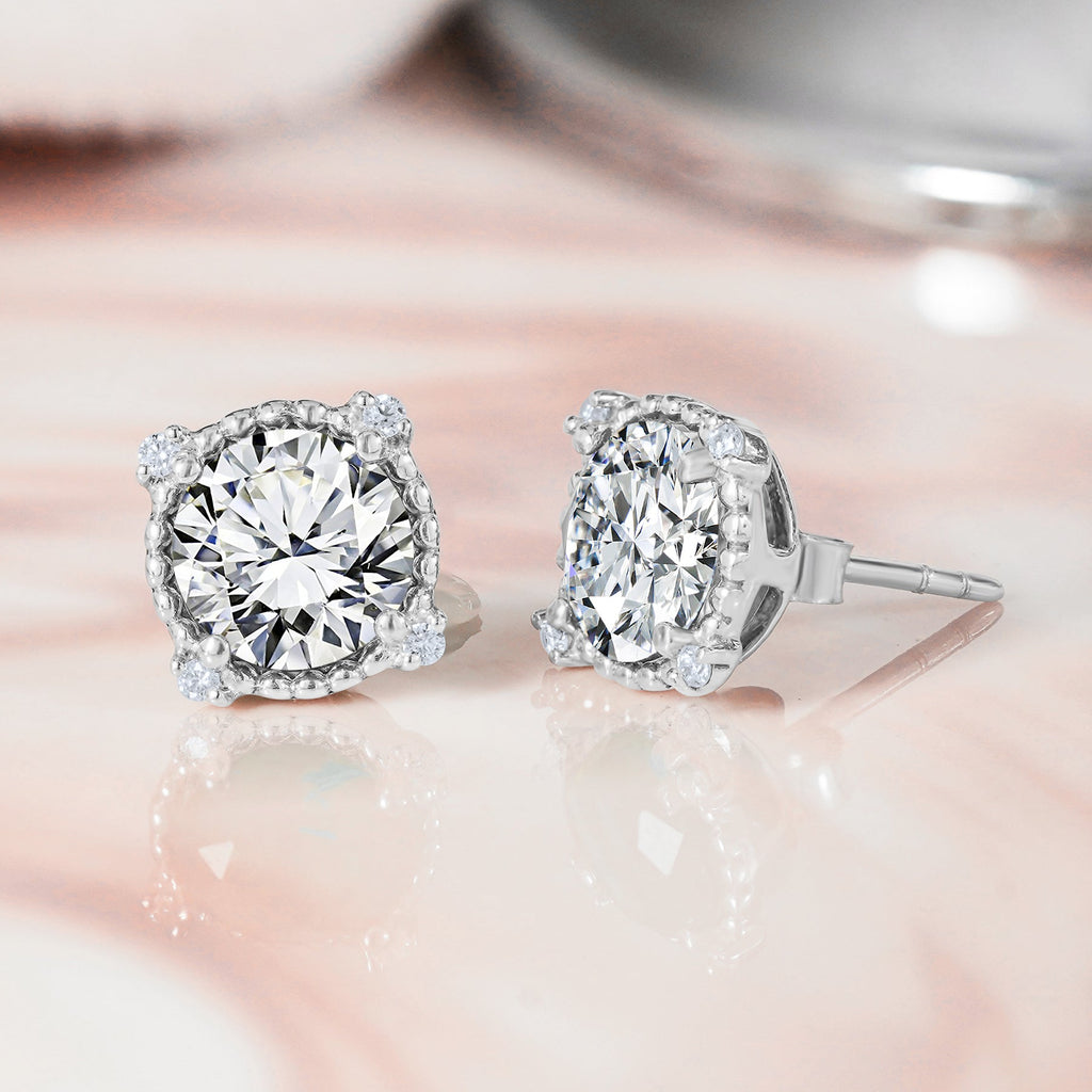 JeenMata 3.5 Carat Round Cut April Birthstone Stud Earrings - Halo Milgrain Earrings in 18K White Gold Plating for Women