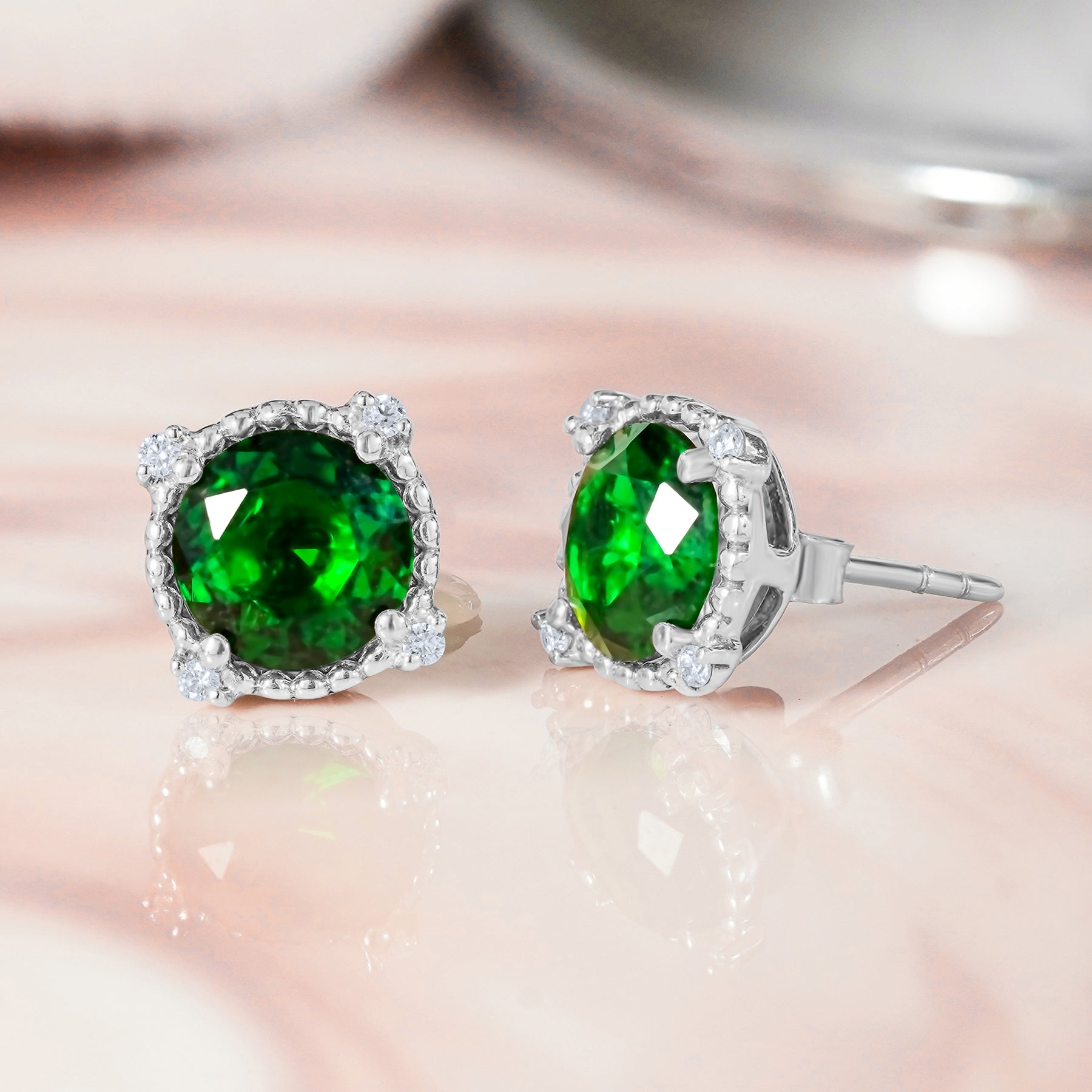 JeenMata 3.5 Carat Round Cut May Birthstone Stud Earrings - Halo Milgrain Earrings in 18K White Gold Plating for Women