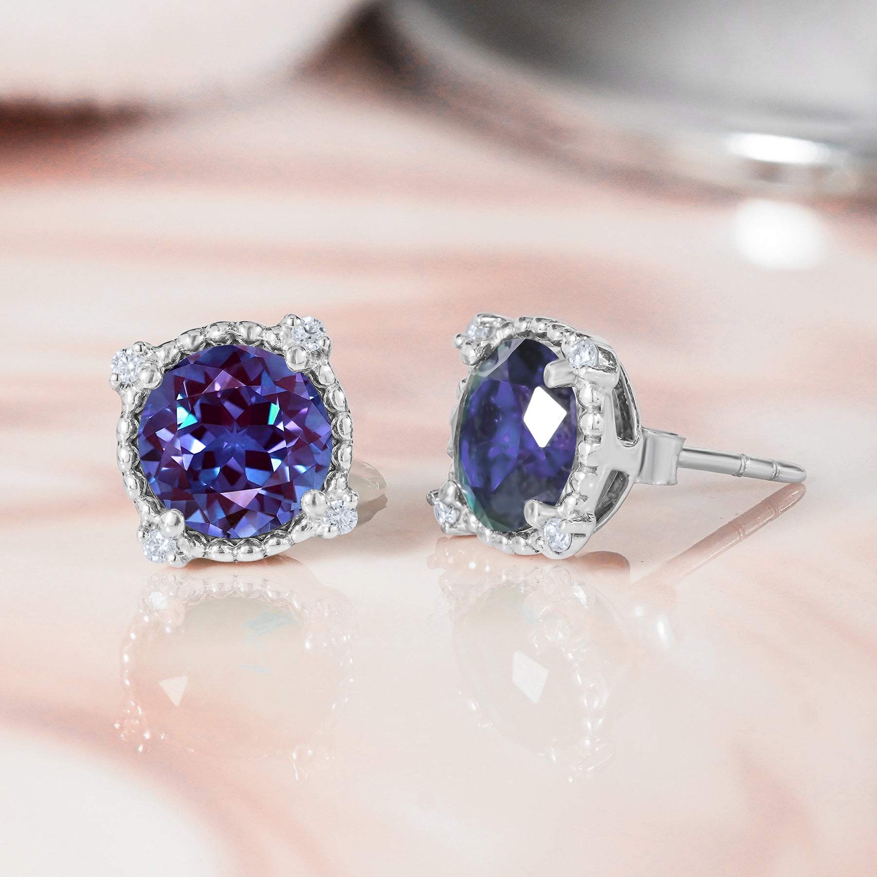 JeenMata 3.5 Carat Round Cut June Birthstone Stud Earrings - Halo Milgrain Earrings in 18K White Gold Plating for Women