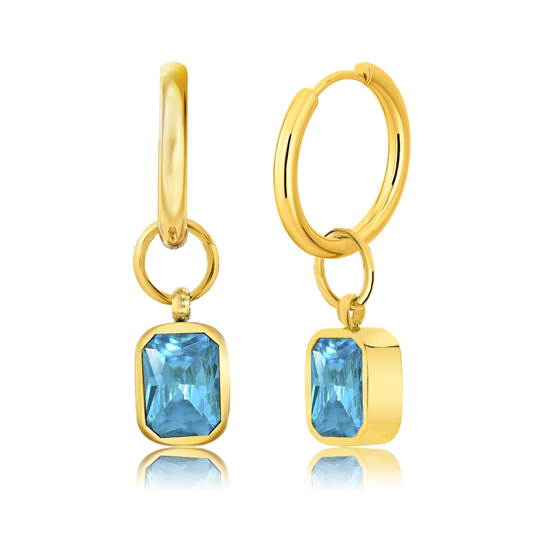 2 Carat Emerald Cut - Blue Topaz - December Birthstone Bezel Huggie Hoop Earrings - 18K Yellow Gold Plating