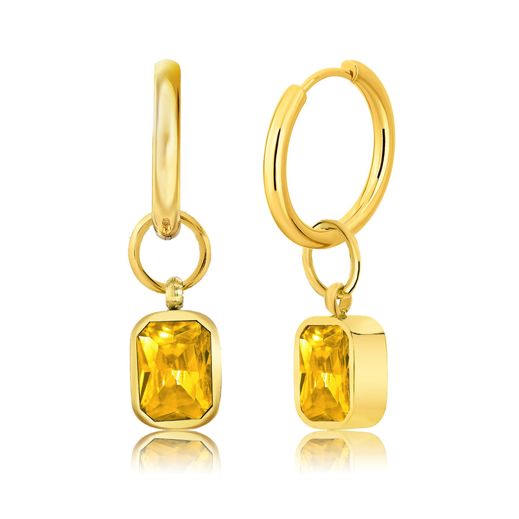 2 Carat Emerald Cut - Citrine - November Birthstone Bezel Huggie Hoop Earrings - 18K Yellow Gold Plating