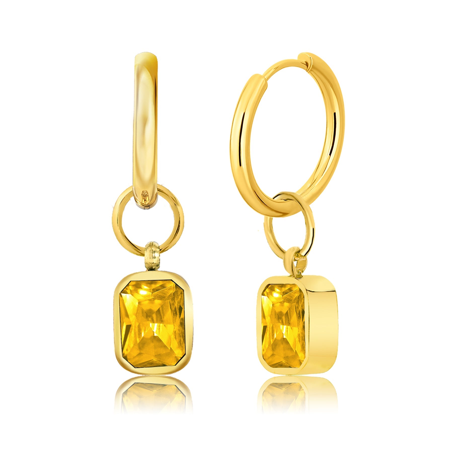 2 Carat Emerald Cut - Citrine - November Birthstone Bezel Huggie Hoop Earrings - 18K Yellow Gold Plating