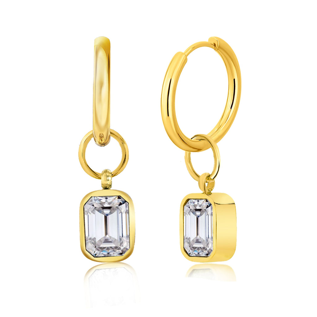 2 Carat Emerald Cut - Cubic Zirconia - April Bezel Huggie Hoop Earrings - 18K Yellow Gold Plating