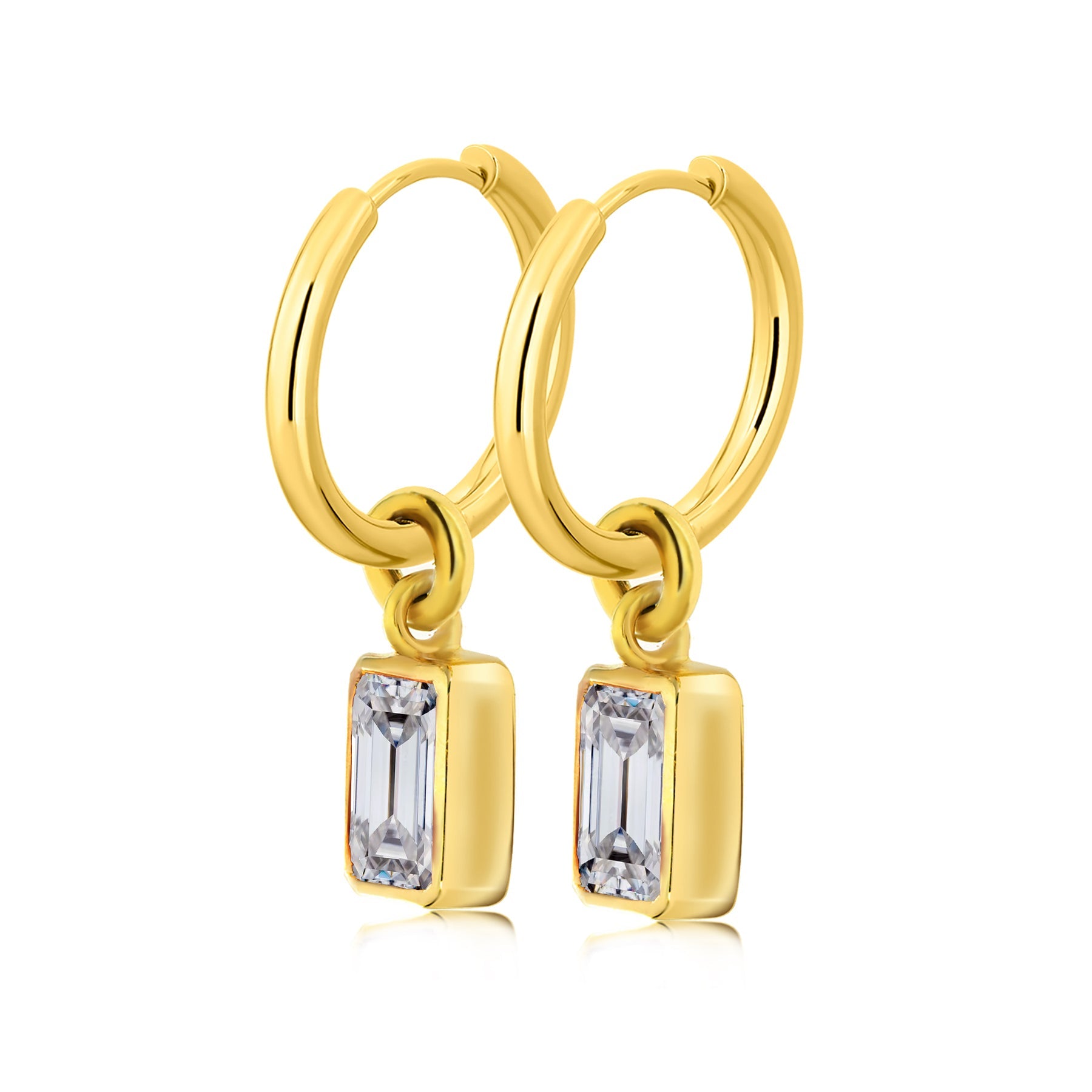 2 Carat Emerald Cut - Cubic Zirconia - April Bezel Huggie Hoop Earrings - 18K Yellow Gold Plating