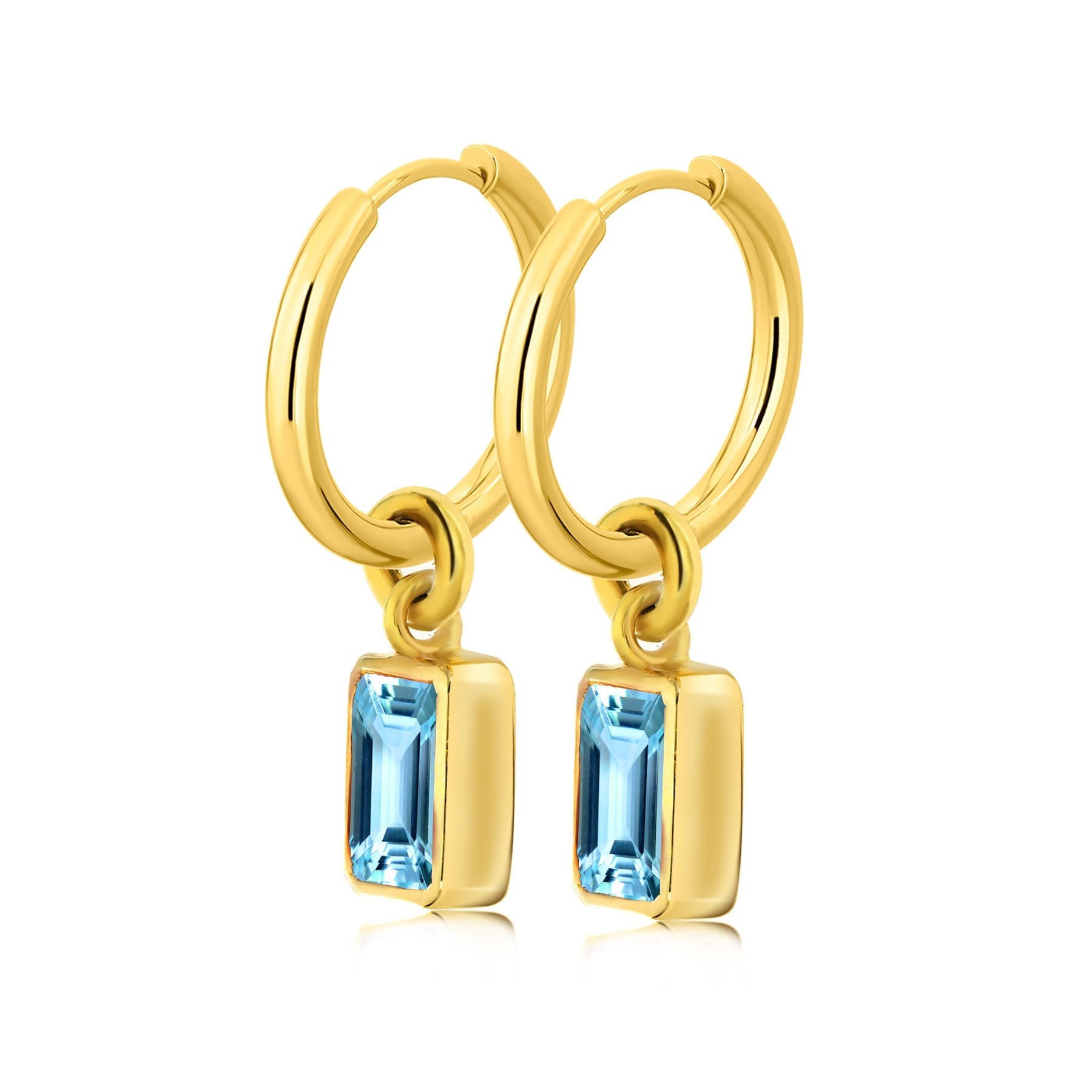 2 Carat Emerald Cut - Blue Topaz - December Birthstone Bezel Huggie Hoop Earrings - 18K Yellow Gold Plating