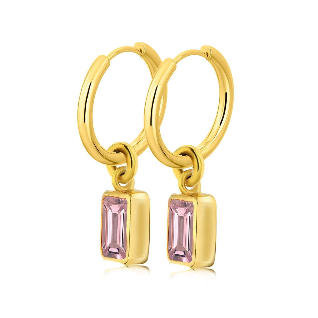 2 Carat Emerald Cut - Pink Tourmaline - October Birthstone Bezel Huggie Hoop Earrings - 18K Yellow Gold Plating