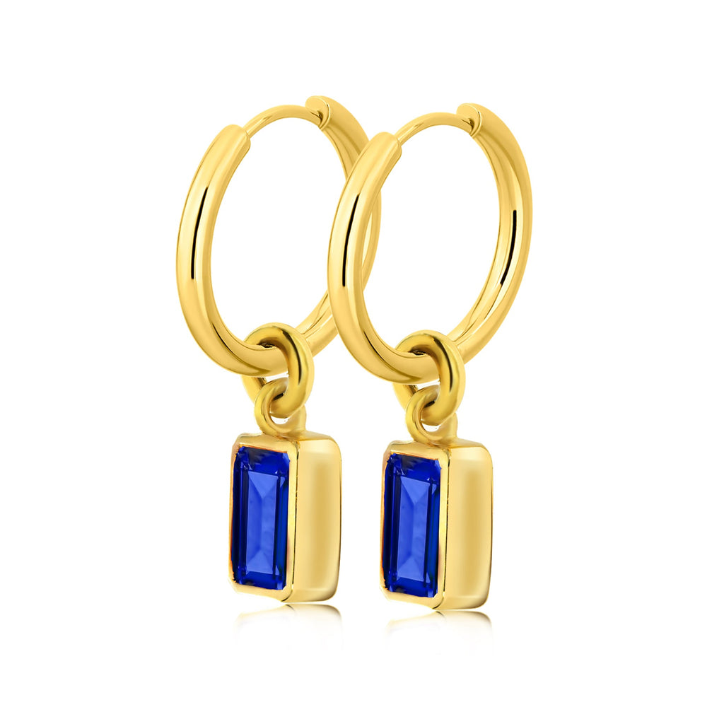 2 Carat Emerald Cut - Blue Sapphire - September Birthstone Bezel Huggie Hoop Earrings - 18K Yellow Gold Plating