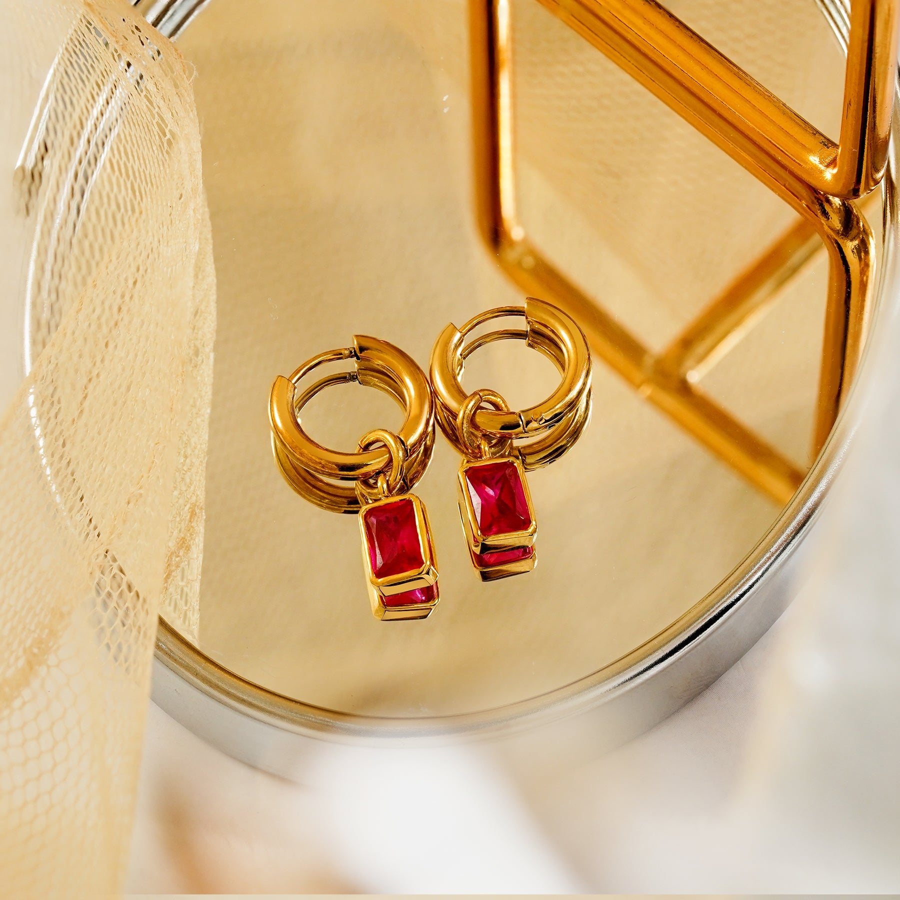 2 Carat Emerald Cut - Ruby - July Birthstone Bezel Huggie Hoop Earrings - 18K Yellow Gold Plating