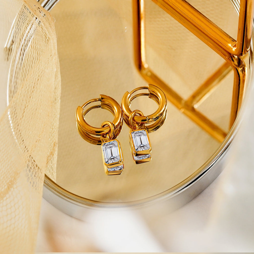 2 Carat Emerald Cut - Cubic Zirconia - April Bezel Huggie Hoop Earrings - 18K Yellow Gold Plating
