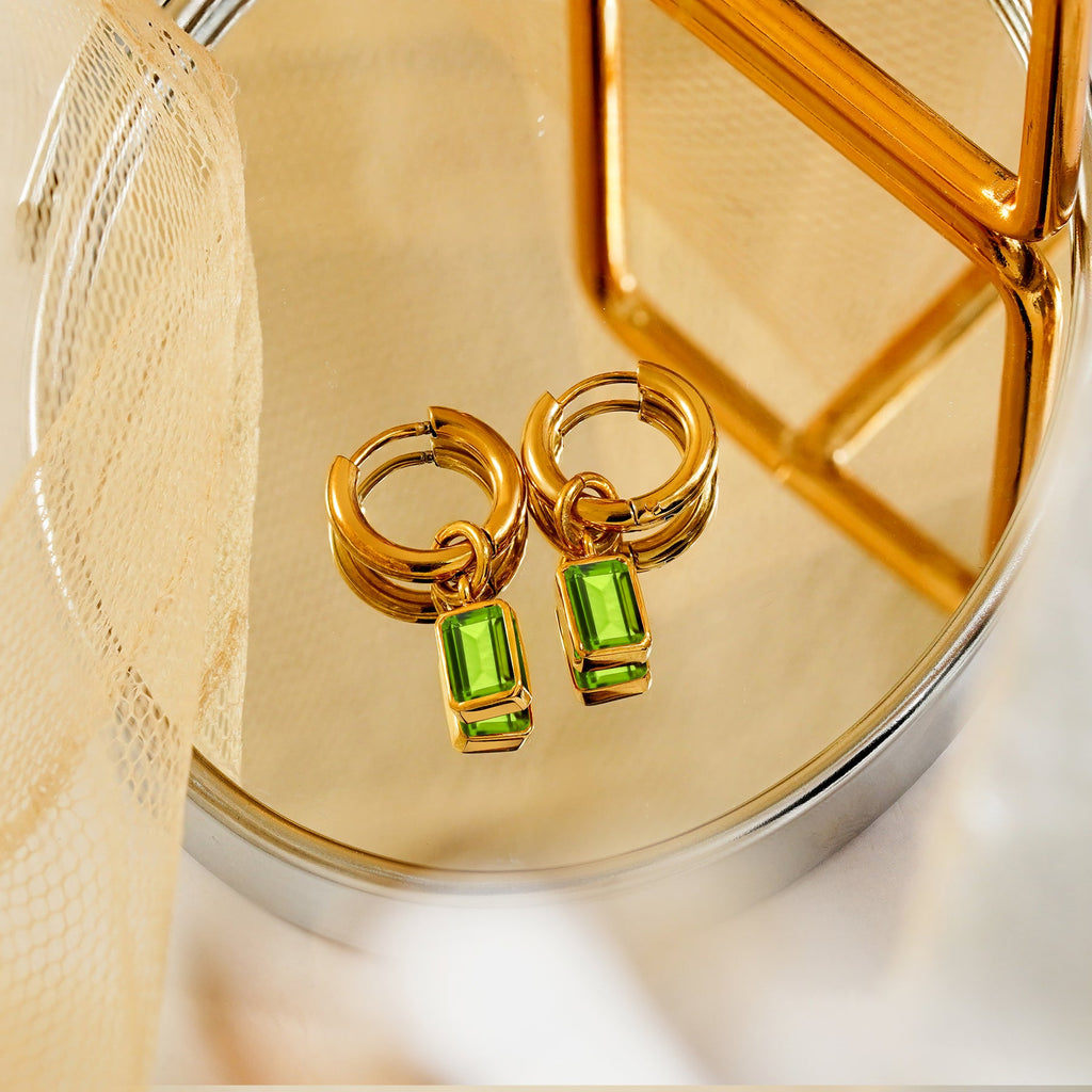 2 Carat Emerald Cut - Peridot - August Birthstone Bezel Huggie Hoop Earrings - 18K Yellow Gold Plating
