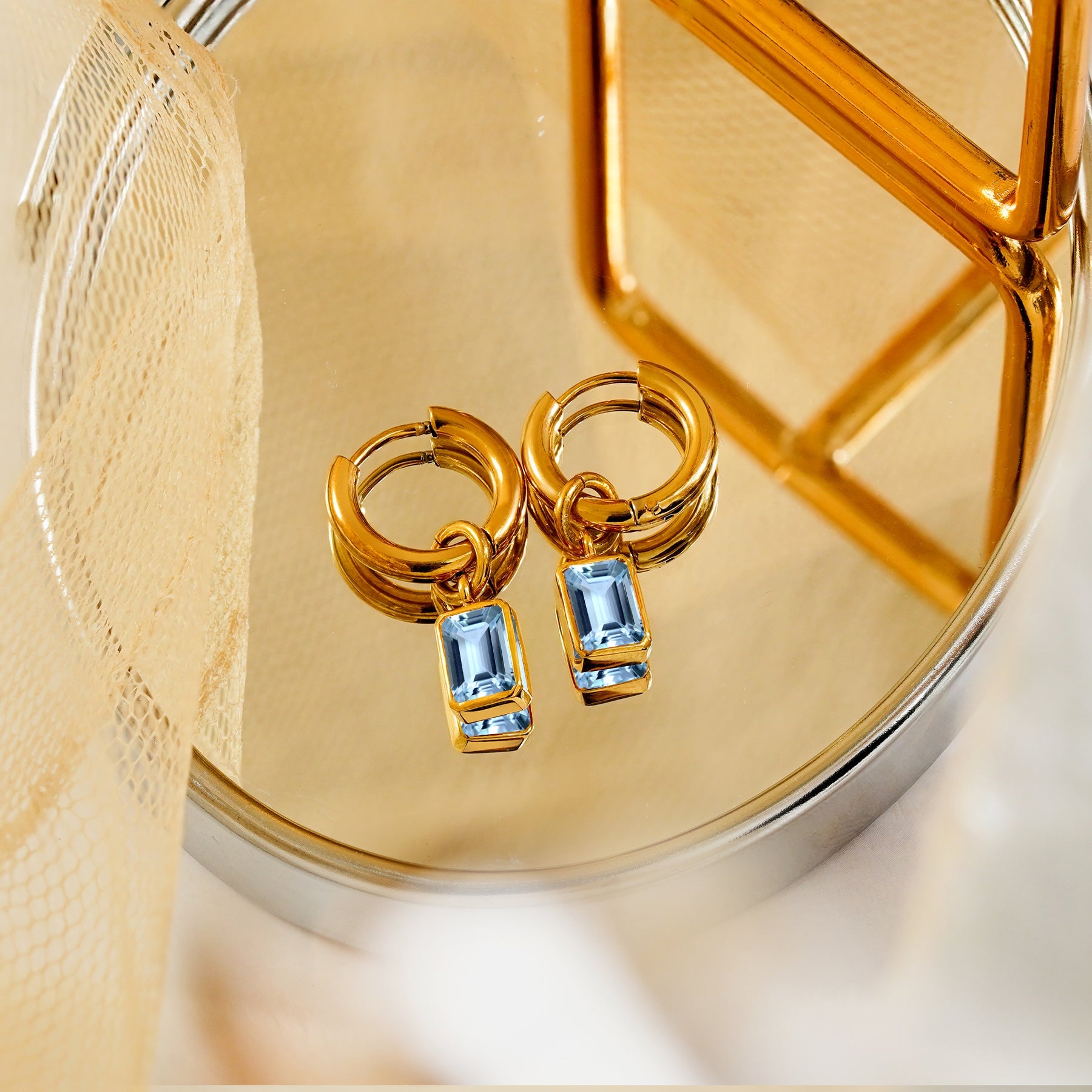 2 Carat Emerald Cut - Aquamarine - March Birthstone Bezel Huggie Hoop Earrings - 18K Yellow Gold Plating