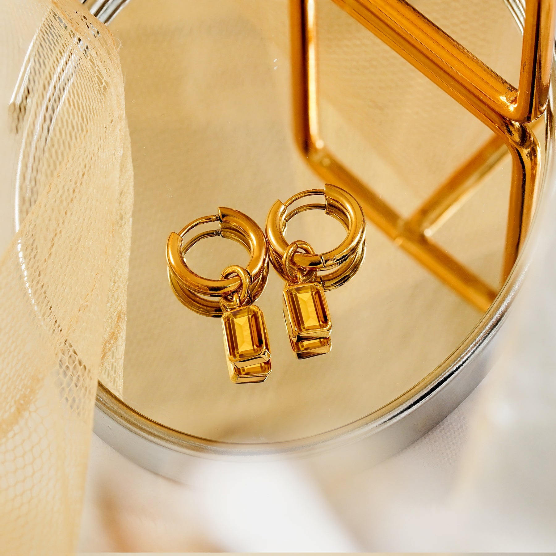 2 Carat Emerald Cut - Citrine - November Birthstone Bezel Huggie Hoop Earrings - 18K Yellow Gold Plating