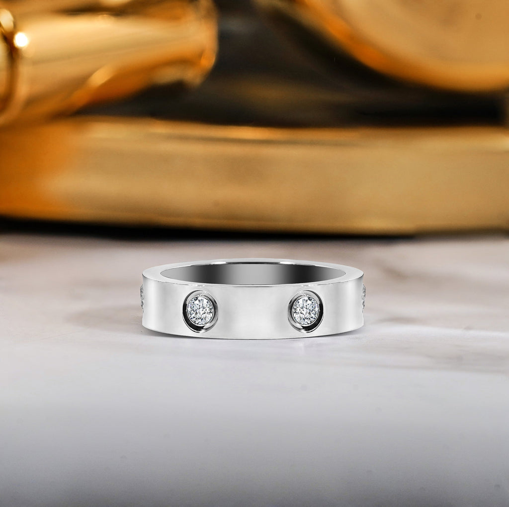Classic Wedding Band - Flush Bezel Wedding Ring - Anniversary and Meaningful Gift for Women in White Gold Plating