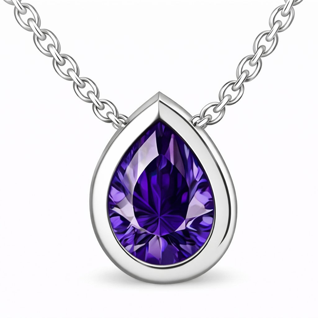 JeenMata 3 Carat June - Alexandrite Birthstone Pear Cut Bezel Set Pendant Necklace - in 18K White Gold Plating for Women