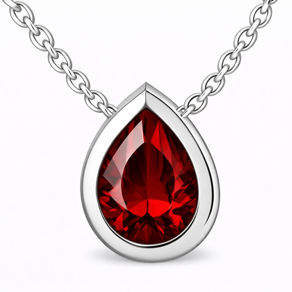 JeenMata 3 Carat January - Garnet Birthstone Pear Cut Bezel Set Pendant Necklace - in 18K White Gold Plating for Women