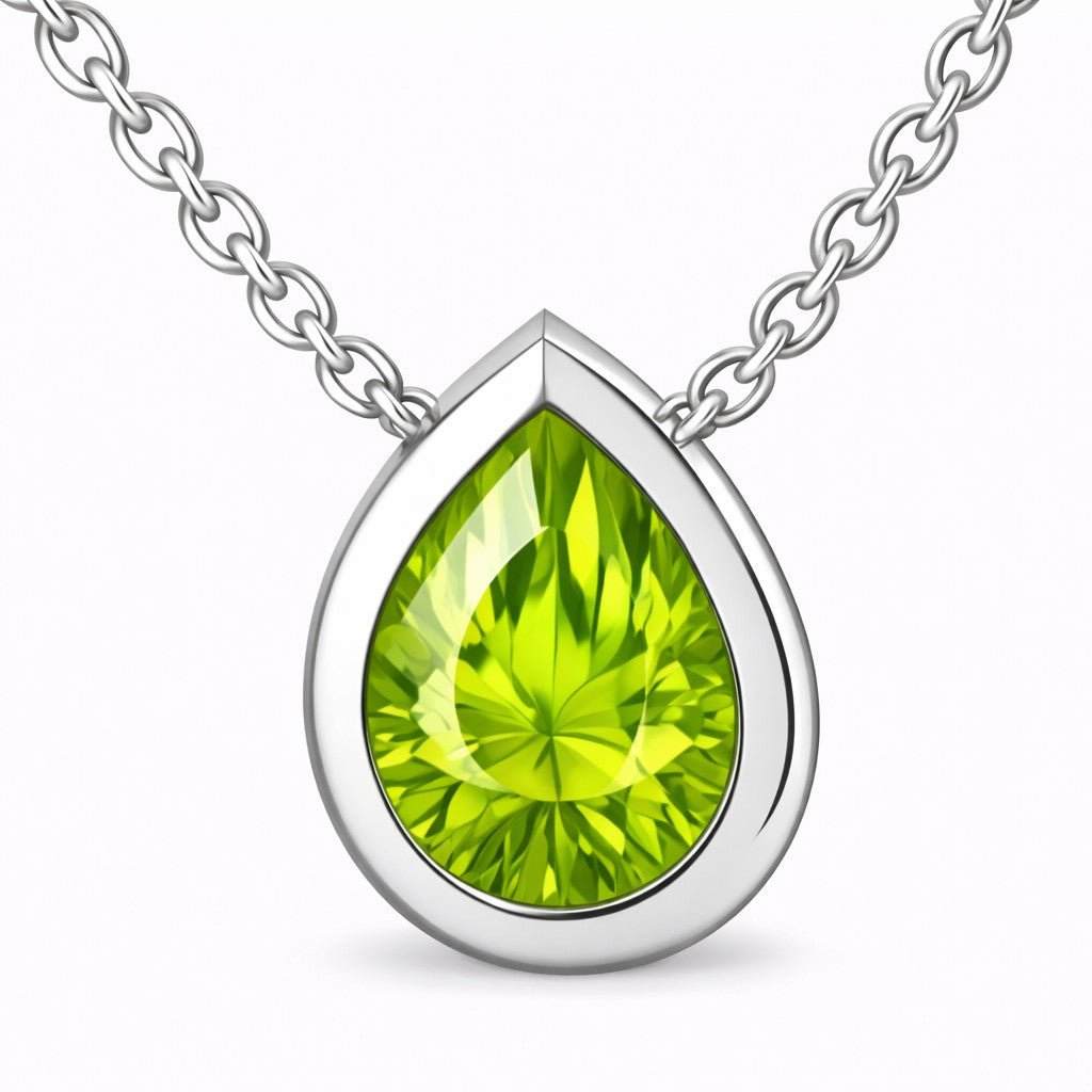 JeenMata 3 Carat August - Peridot Birthstone Pear Cut Bezel Set Pendant Necklace - in 18K White Gold Plating for Women