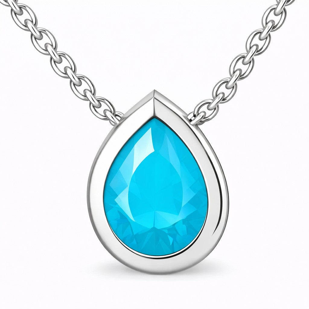JeenMata 3 Carat December - Blue Topaz Birthstone Pear Cut Bezel Set Pendant Necklace - in 18K White Gold Plating for Women
