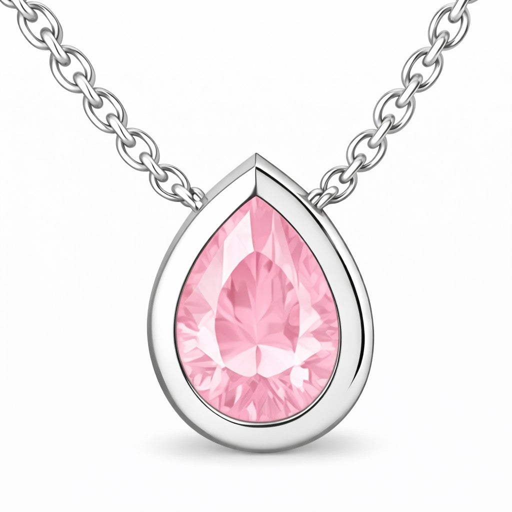 JeenMata 3 Carat October - Pink Tourmaline Birthstone Pear Cut Bezel Set Pendant Necklace - in 18K White Gold Plating for Women