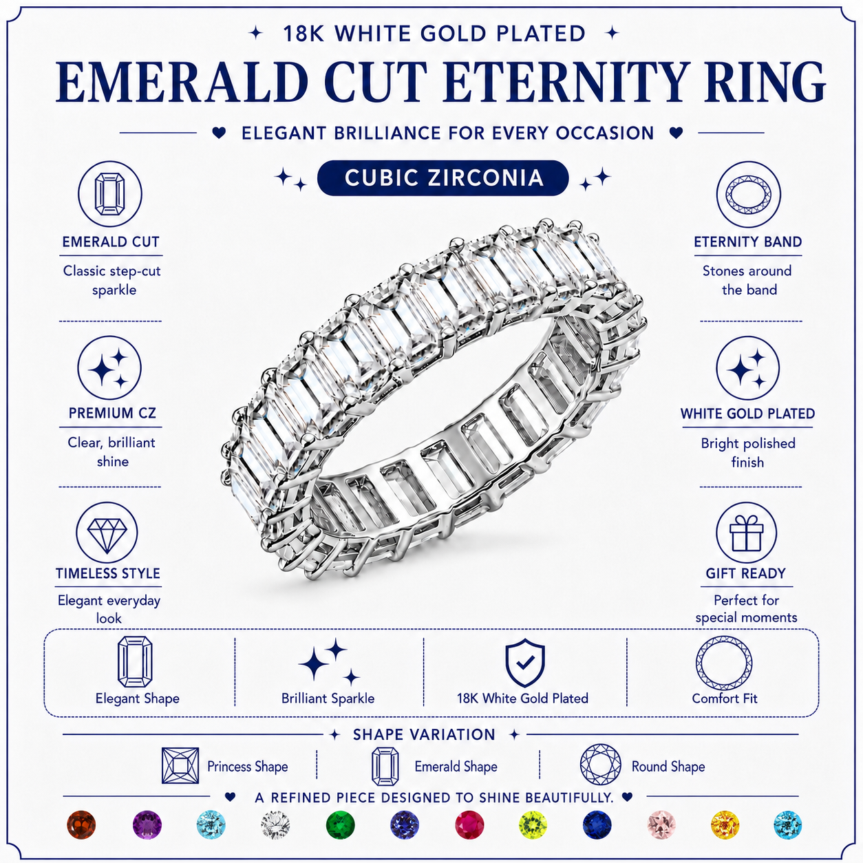 JeenMata 12 Carat Princess Cut December Birthstone - Multicolor Eternity Wedding Band - Blue Topaz & Cubic Zirconia Rings in 18K White Gold Plating for Women