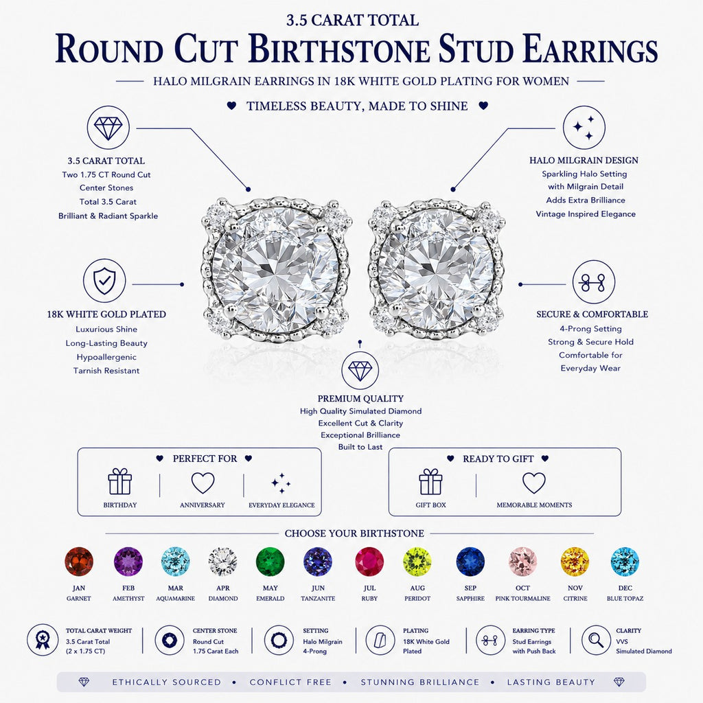 JeenMata 3.5 Carat Round Cut February Birthstone Stud Earrings - Halo Milgrain Earrings in 18K White Gold Plating for Women