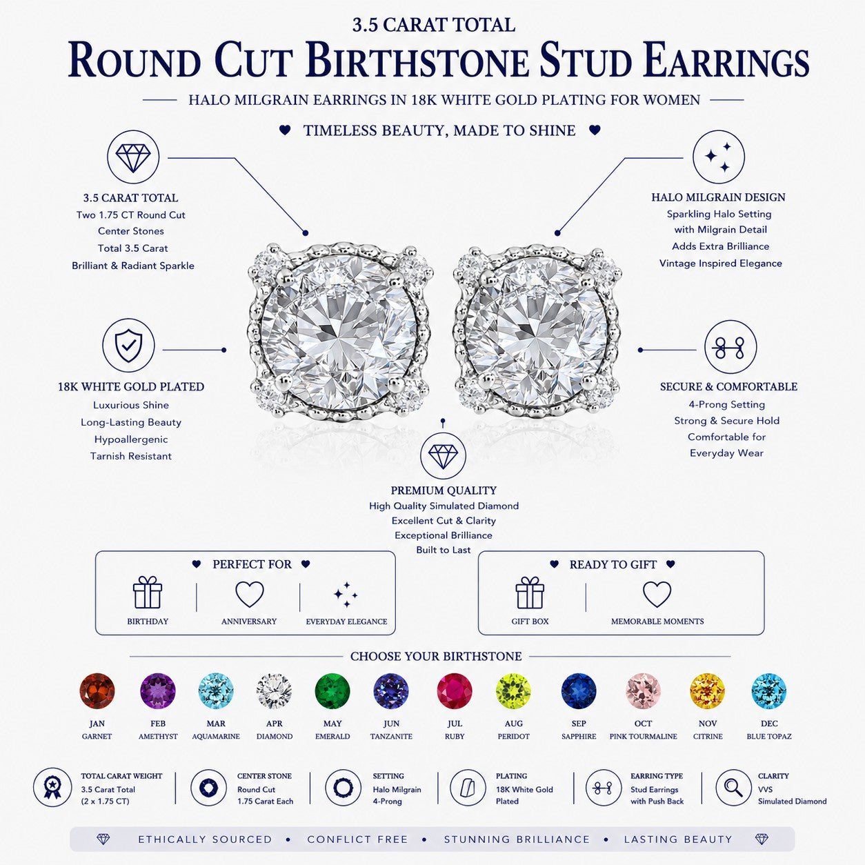 JeenMata 3.5 Carat Round Cut February Birthstone Stud Earrings - Halo Milgrain Earrings in 18K White Gold Plating for Women