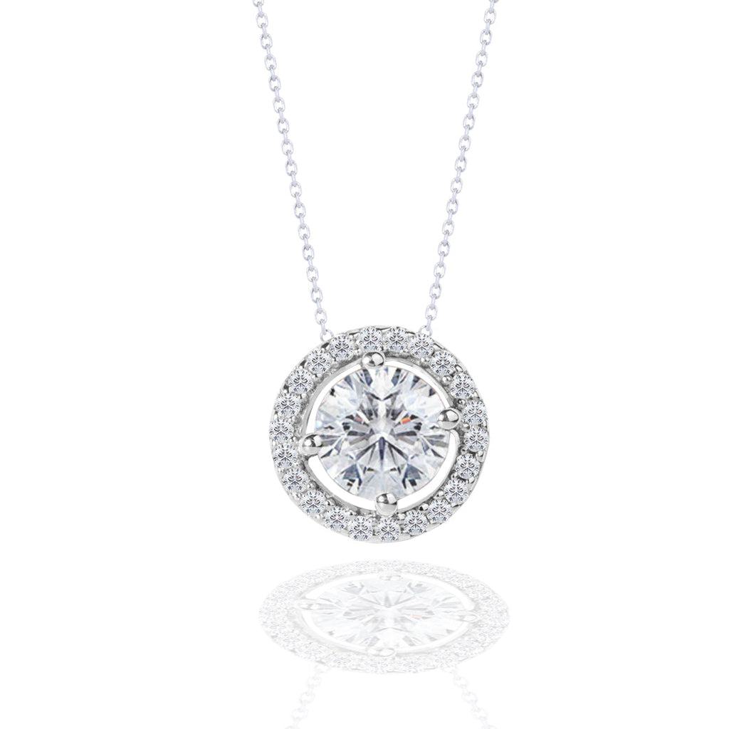 Solitaire 1 Carat Round Cut Real Moissanite Halo Pendant Necklace in 18k White Gold Over Silver