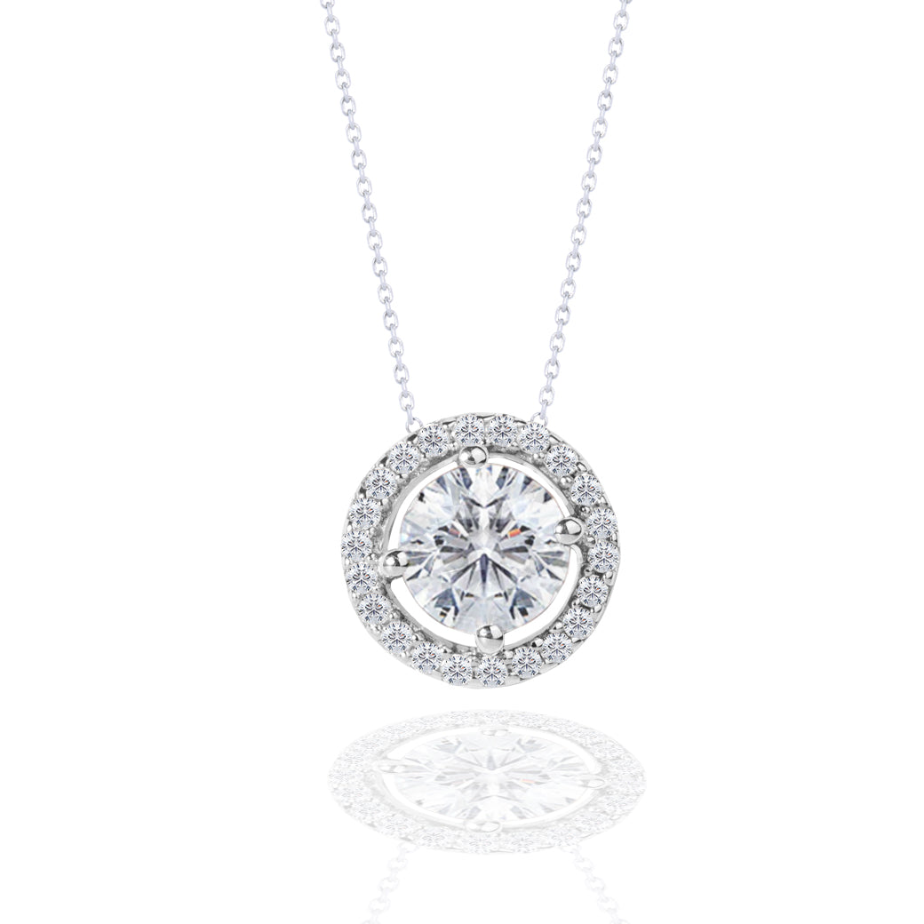 Solitaire 1 Carat Round Cut Real Moissanite Halo Pendant Necklace in 18k White Gold Over Silver
