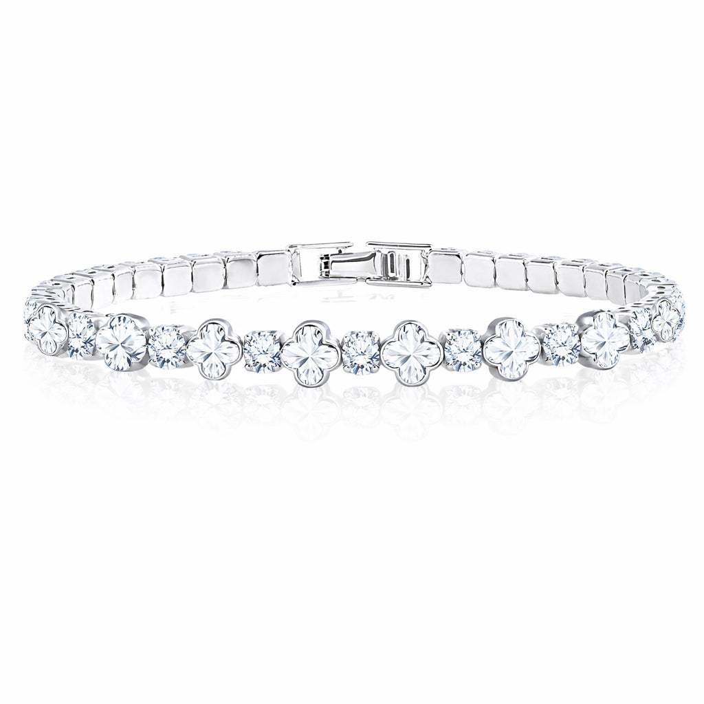 JeenMata 4.5 Carat Round Lab Grown Diamond & Flower Moissanite Bracelet - Feminine Floral Style in 18K White Gold Plating for Women