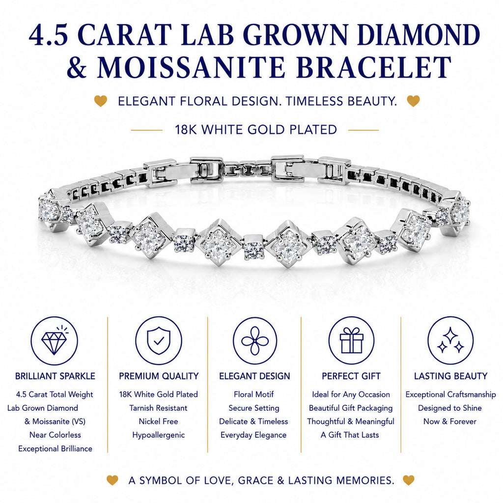 JeenMata 4.5 Carat Round Lab Grown Diamond & Motif Moissanite Bracelet – Elegant Floral Design in 18K White Gold Plating for Women