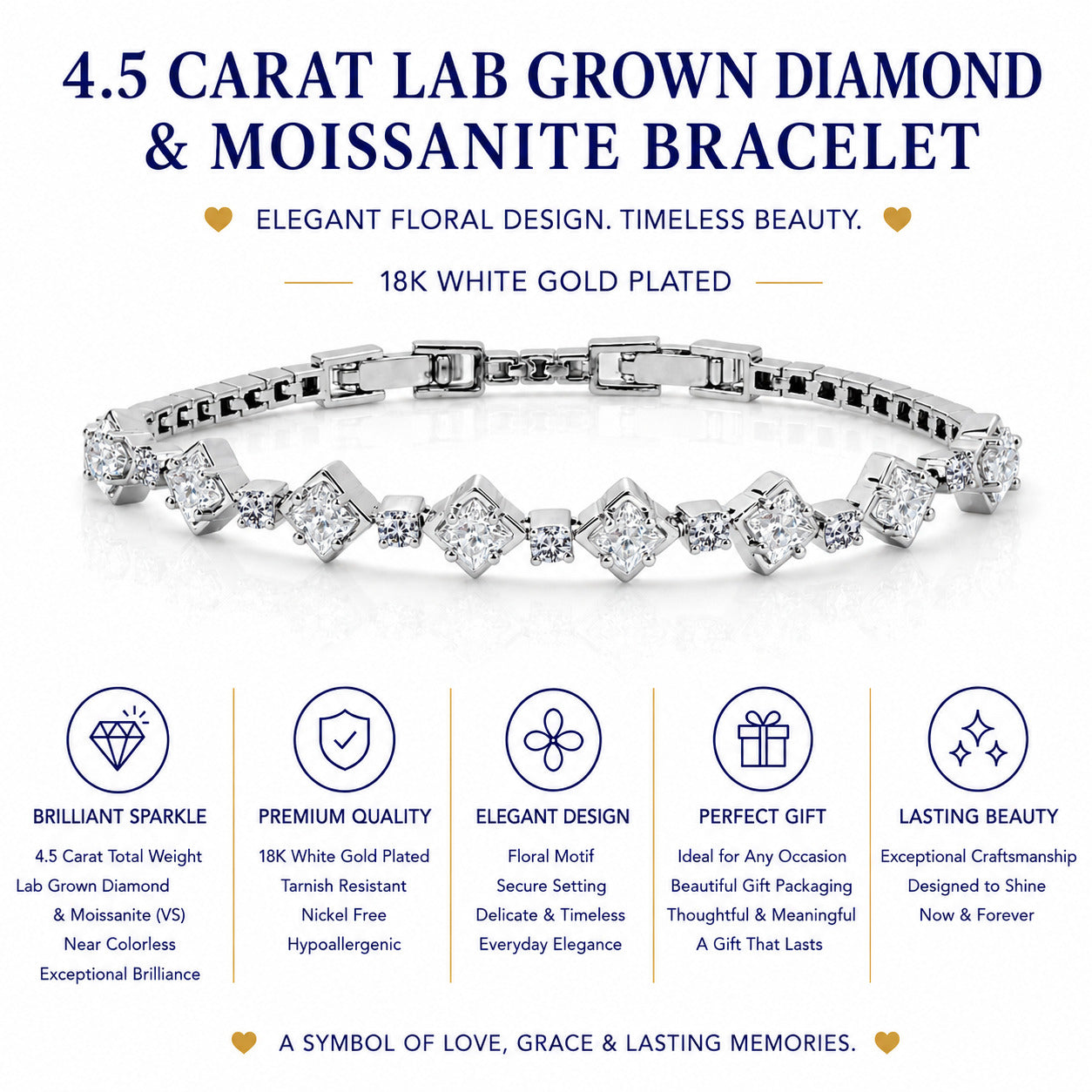 JeenMata 4.5 Carat Round Lab Grown Diamond & Motif Moissanite Bracelet – Elegant Floral Design in 18K White Gold Plating for Women