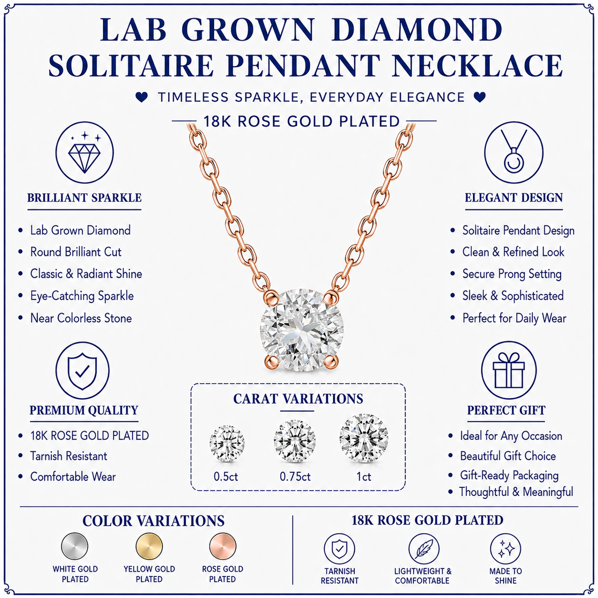 JeenMata Lab Grown Diamond 1 Carat Round Cut Classic Solitaire Pendant Necklace - in 18K Rose Gold Plating for Women