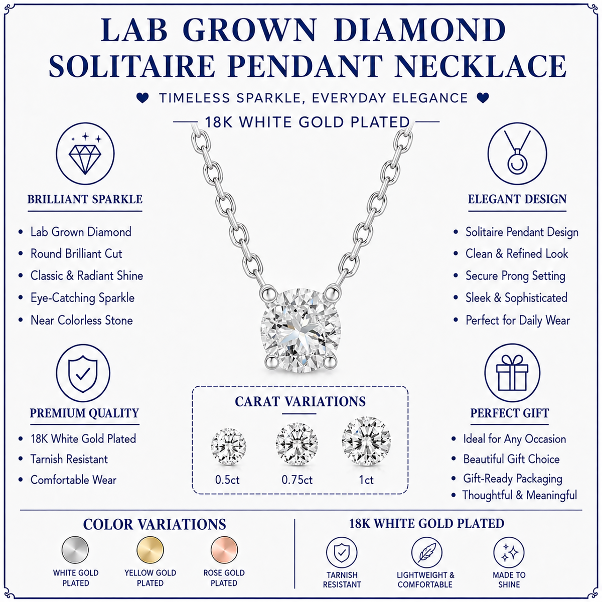 JeenMata Lab Grown Diamond 0.75 Carat Round Cut Classic Solitaire Pendant Necklace - in 18K White Gold Plating for Women