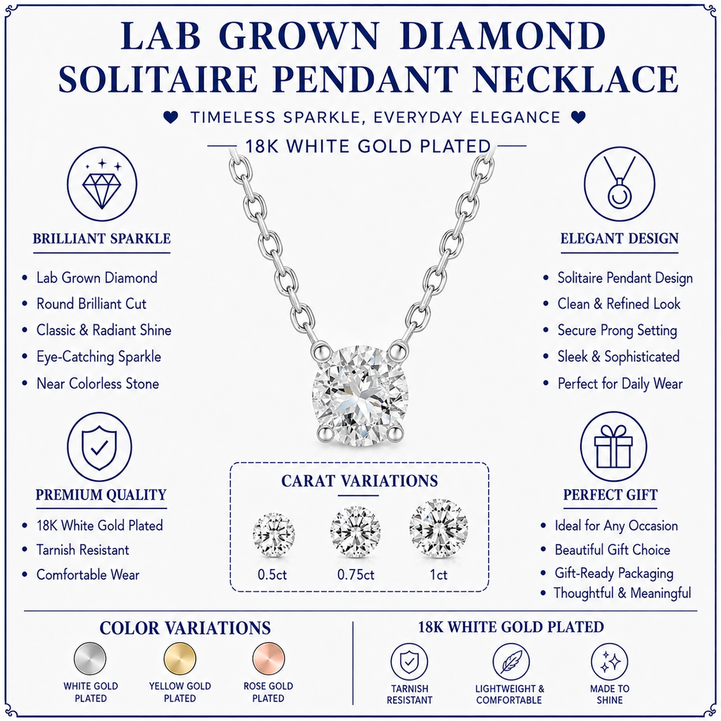 JeenMata Lab Grown Diamond 0.50 Carat Round Cut Classic Solitaire Pendant Necklace - in 18K White Gold Plating for Women