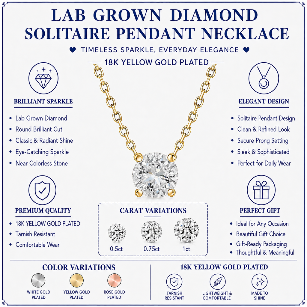 JeenMata Lab Grown Diamond 0.75 Carat Round Cut Classic Solitaire Pendant Necklace - in 18K Yellow Gold Plating for Women