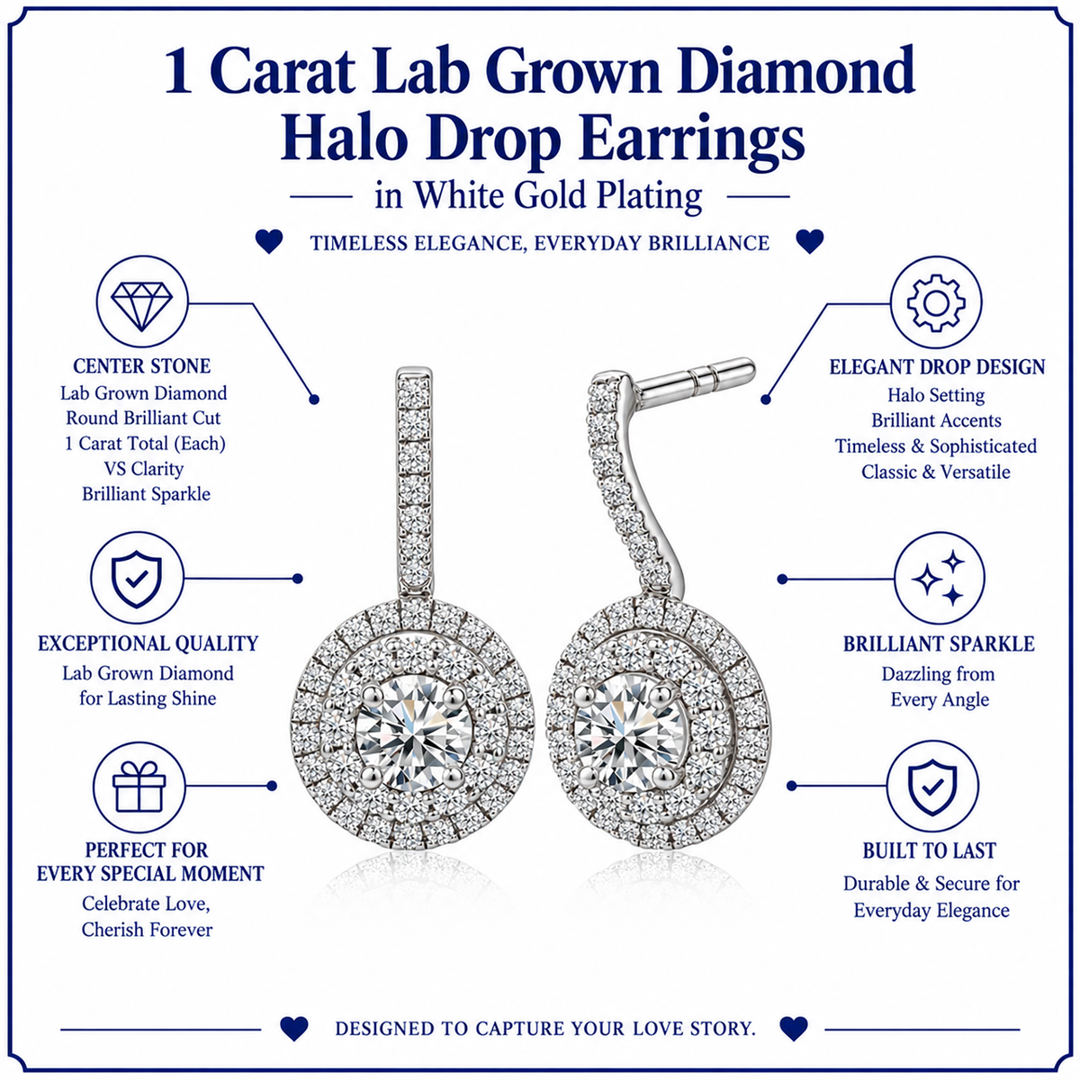 JeenMata 1 Carat Lab Grown Diamond Halo Drop Earrings - Round Cut Vintage Inspired Earrings in White Gold Plating