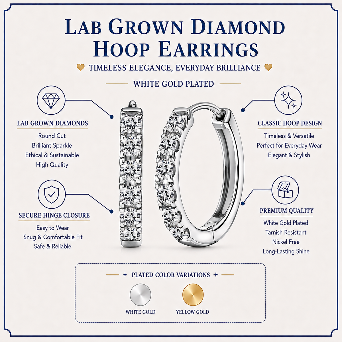 JeenMata Lab Grown Diamond Hoop Earrings - Round Cut Classic Hoop Earrings for Everyday Jewelry - White Gold Plating