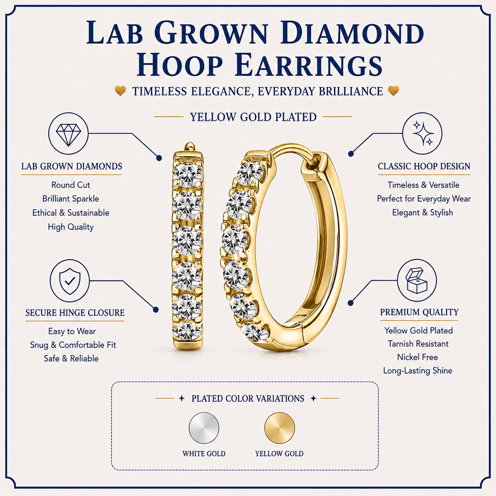 JeenMata Lab Grown Diamond Hoop Earrings - Round Cut Classic Hoop Earrings for Everyday Jewelry - Yellow Gold Plating