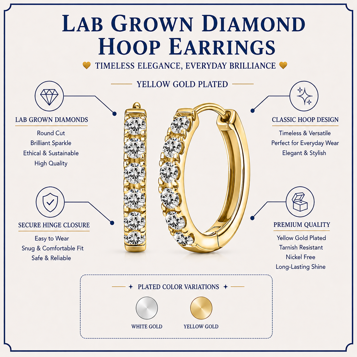JeenMata Lab Grown Diamond Hoop Earrings - Round Cut Classic Hoop Earrings for Everyday Jewelry - Yellow Gold Plating