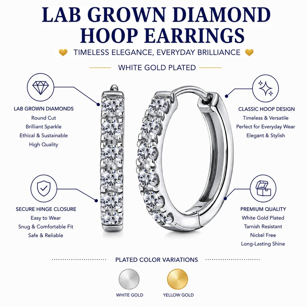 JeenMata Lab Grown Diamond Hoop Earrings - Round Cut Classic Hoop Earrings for Everyday Jewelry - Yellow Gold Plating